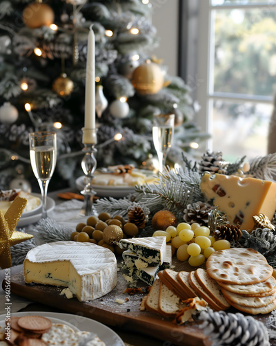 Elegant Christmas Cheese Platter with Champagne and Festive Decor