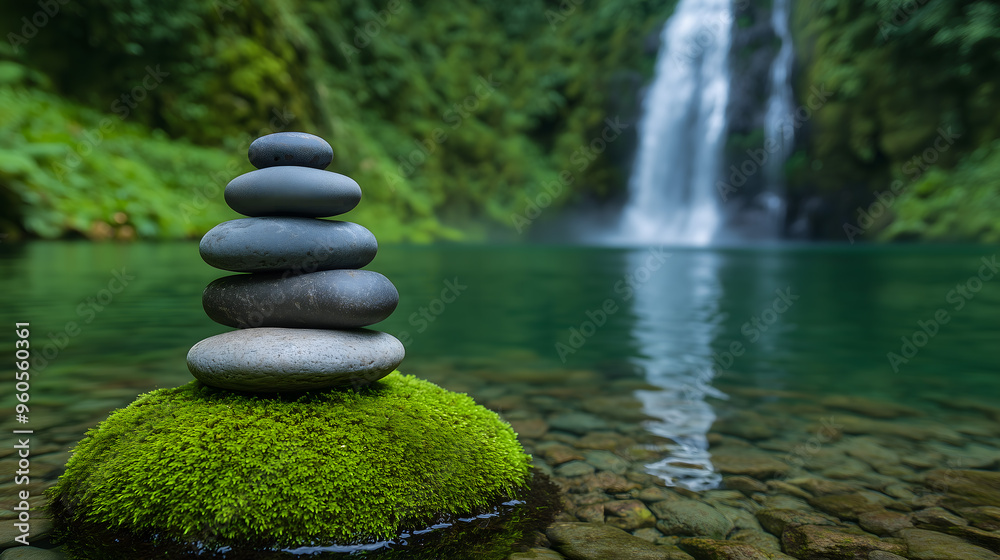 Zen Stones and Waterfall in Lush Green Forest Zen Stones and Waterfall in Lush Green Forest