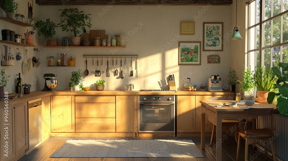 Modern Kitchen with Smart Dishwasher and Sunlit Spring Garden View Modern Kitchen with Smart Dishwasher and Sunlit Spring Garden View