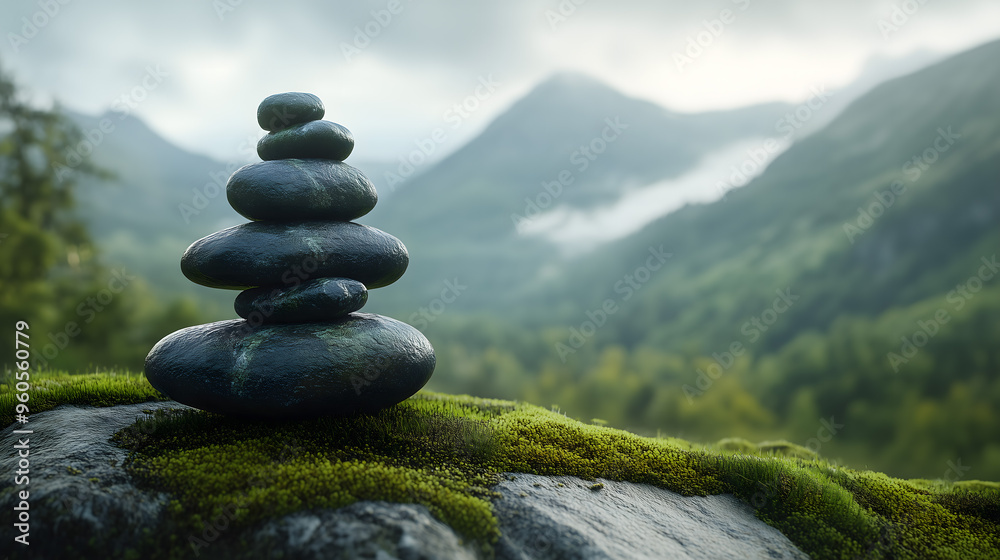 Zen Stone Stack in Misty Mountainous Landscape for Peaceful Meditation Zen Stone Stack in Misty Mountainous Landscape for Peaceful Meditation