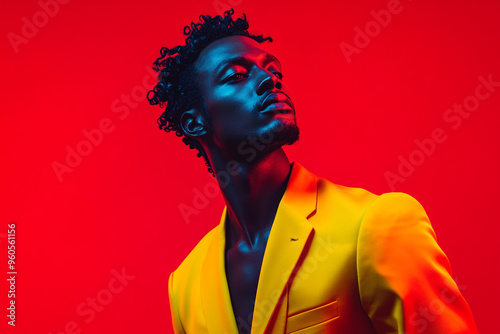 Stylish Man in Neon Yellow Blazer with Solid Neon Red Highlights, Captured in a Fashionable Lifestyle Portrait
