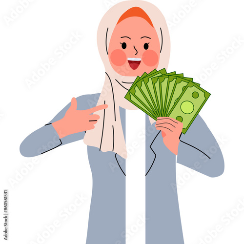 Muslim Woman Holding Money Vector