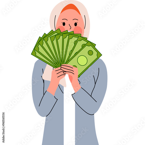 Muslim Woman Holding Money Vector