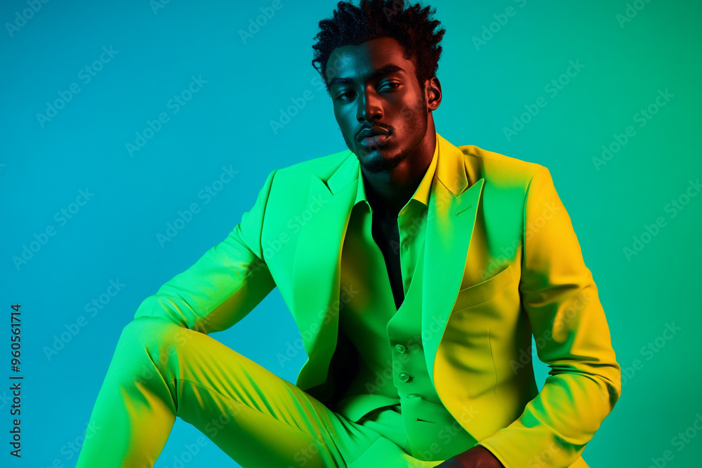 Stylish Man in Neon Green Suit with Solid Neon Blue, Captured in a Fashionable Lifestyle Portrait