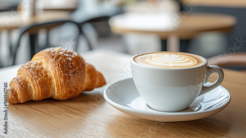 A cup of cappuccino coffee and fresh croissant on a wooden table.