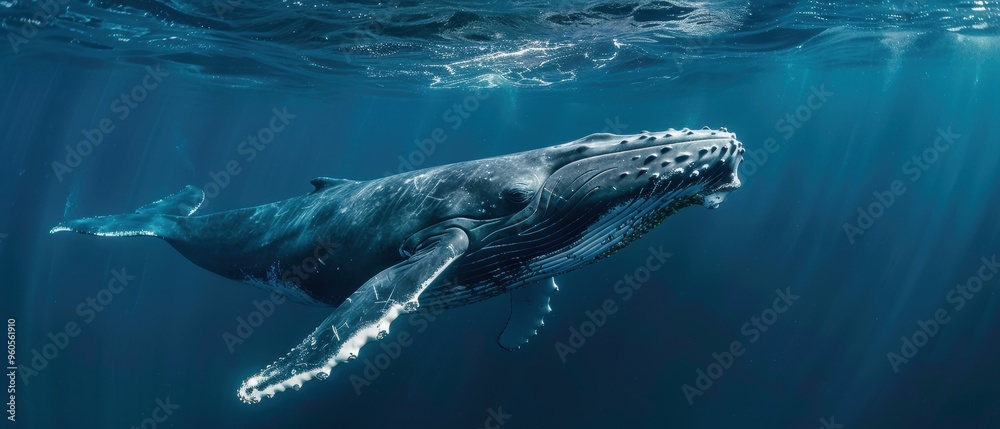 Fototapeta premium Graceful Humpback Whale Swimming Near Surface, Majestic Marine Creature in the Ocean Depths