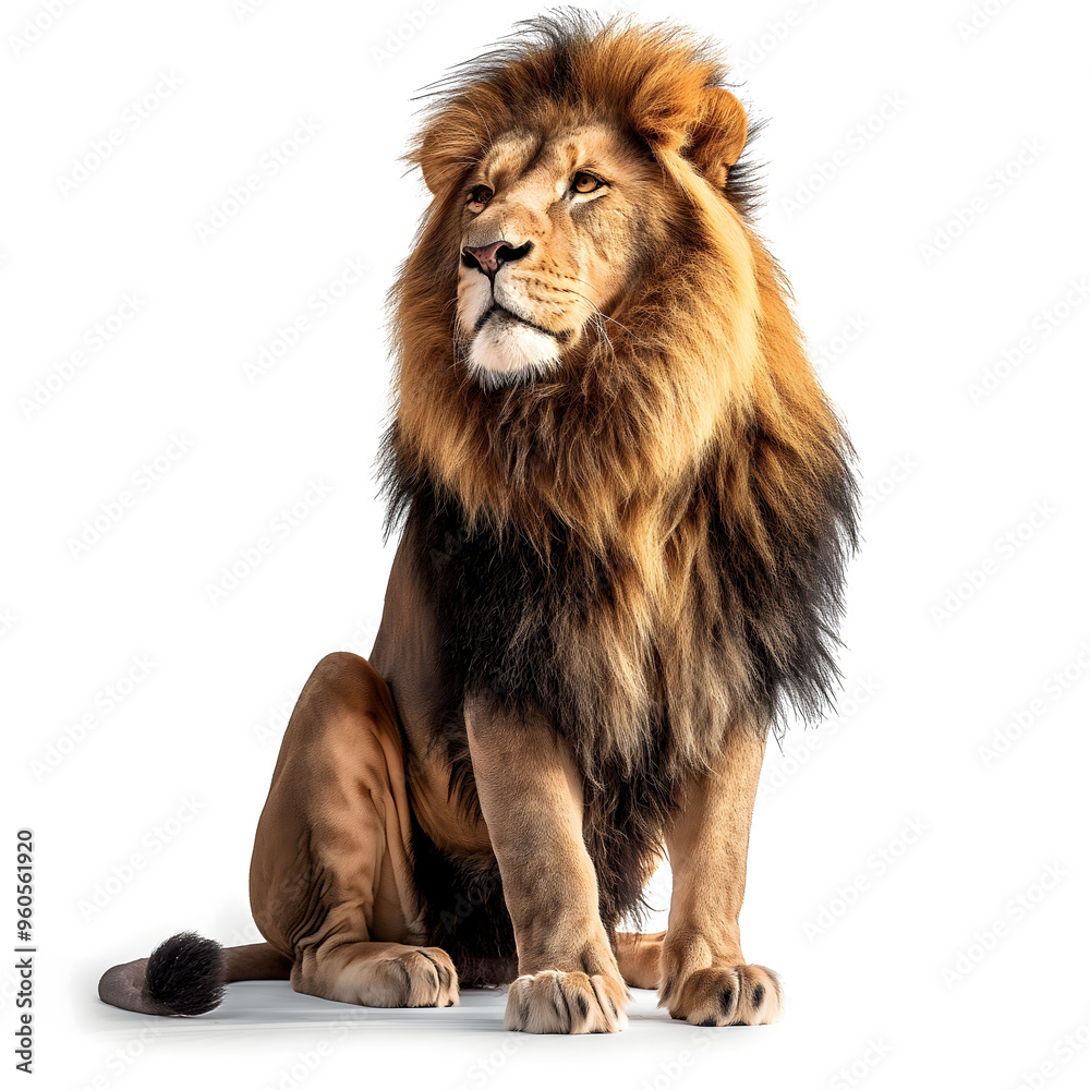 Obraz premium Majestic Lion Sitting Isolated on White Background