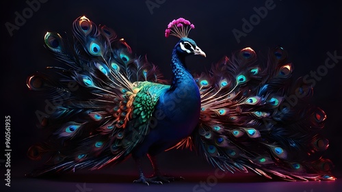 Gorgeous peacock on a dark background with neon
 photo