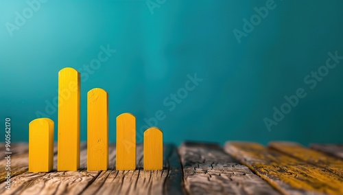 A yellow bar graph growing upwards on a wooden table with a blue background photo