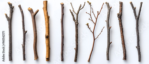 Array of Various Bare Tree Twigs Isolated on White Background photo