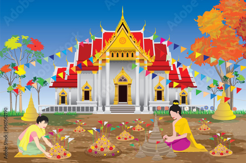 Two woman make beautiful sand pagoda in temple,Merit making traditions vector design