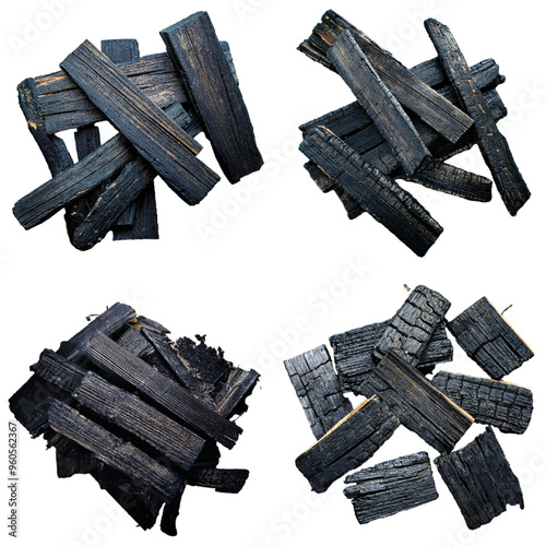 High-Quality Graphic Resource Pack: 4 High-Resolution PNG Images of Burned Wood Planks on the Ground, Post-Fire Theme, Ideal for Designers and Creatives Seeking Unique Textures and Realistic Visuals f