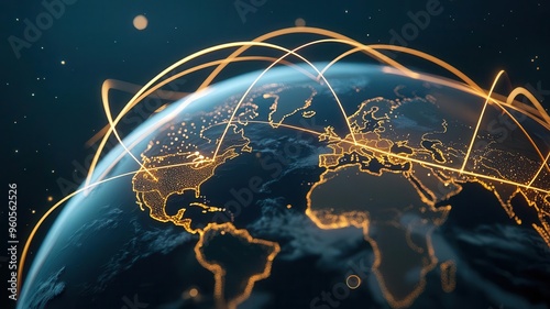 Global trade routes visualized in neon lines across a futuristic Earth, 2025 market focus