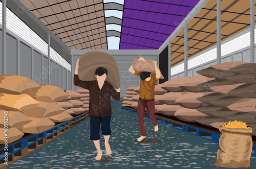 workers are carrying rice sack in the insustry vector design