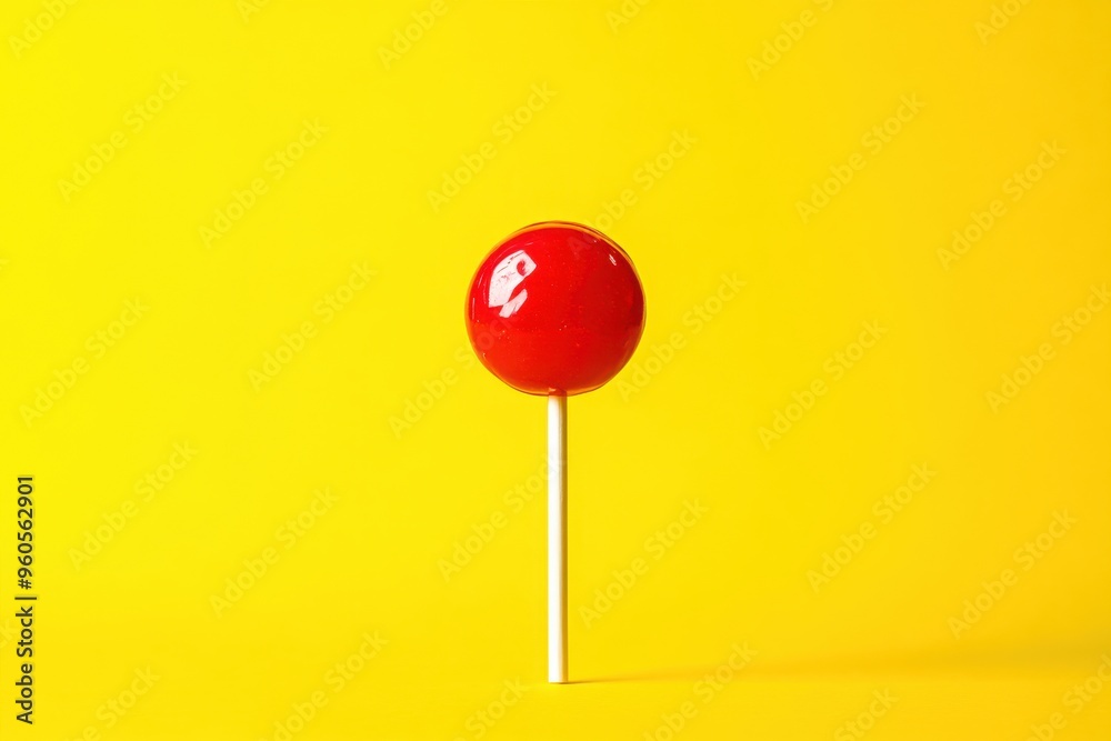 The round, glossy red lollipop shines playfully, its vibrant hue contrasting beautifully with the cheerful yellow backdrop, inspiring cravings for sugary delights The round, glossy red lollipop shines playfully, its vibrant hue contrasting beautifully with the cheerful yellow backdrop, inspiring cravings for sugary delights