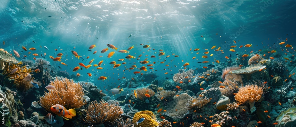 Naklejka premium Serene Underwater Scene: Coral Reef Cleaning Station with Symbiotic Fish Interaction