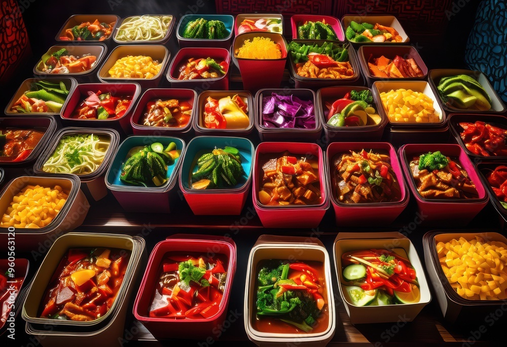 vibrant chinese takeout boxes overflowing delicious dishes colorful ingredients mouthwatering meal experience, food, cuisine, noodles, rice, vegetables, meat vibrant chinese takeout boxes overflowing delicious dishes colorful ingredients mouthwatering meal experience, food, cuisine, noodles, rice, vegetables, meat