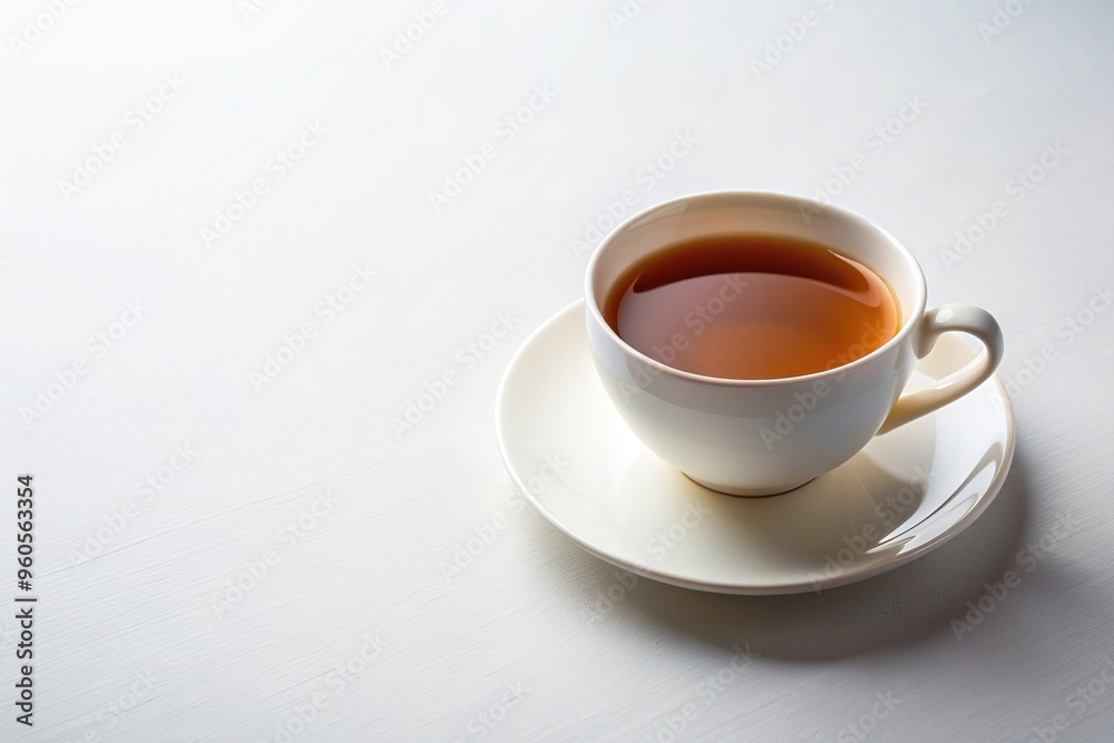 A minimalist stock photo showcasing a hot freshly brewed Earl Grey tea served in a pristine white cup placed on a delicately designed saucer set against a clean white background A minimalist stock photo showcasing a hot freshly brewed Earl Grey tea served in a pristine white cup placed on a delicately designed saucer set against a clean white background