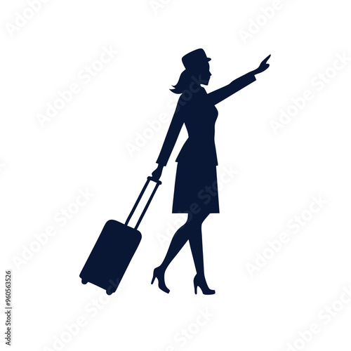 a Air hostess Illustration walking with the suitcase. vector illustration silhouette, isolated white background 
