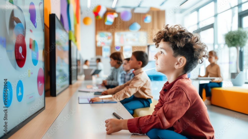 A modern school setting with students of different abilities interacting with digital learning content on large interactive screens, fostering equal opportunities with copy space for text A modern school setting with students of different abilities interacting with digital learning content on large interactive screens, fostering equal opportunities with copy space for text