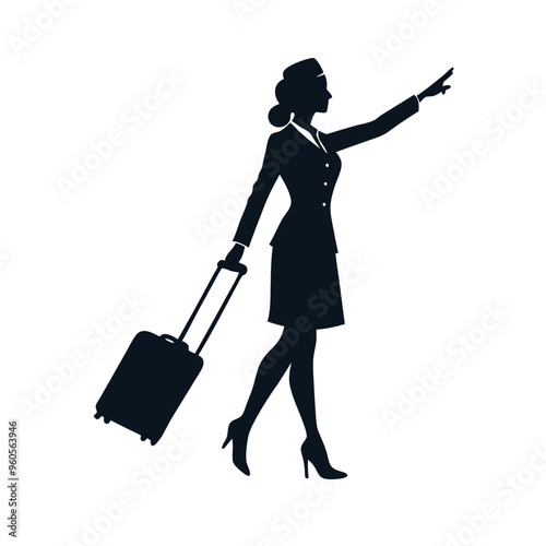 a Air hostess Illustration walking with the suitcase. vector illustration silhouette, isolated white background 