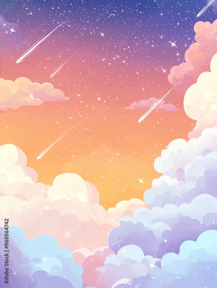 Whimsical sky with colorful clouds and shooting stars at sunset, offering a dreamy and serene atmosphere perfect for backgrounds and themes. Whimsical sky with colorful clouds and shooting stars at sunset, offering a dreamy and serene atmosphere perfect for backgrounds and themes.