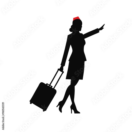 a Air hostess Illustration walking with the suitcase. vector illustration silhouette, isolated white background 