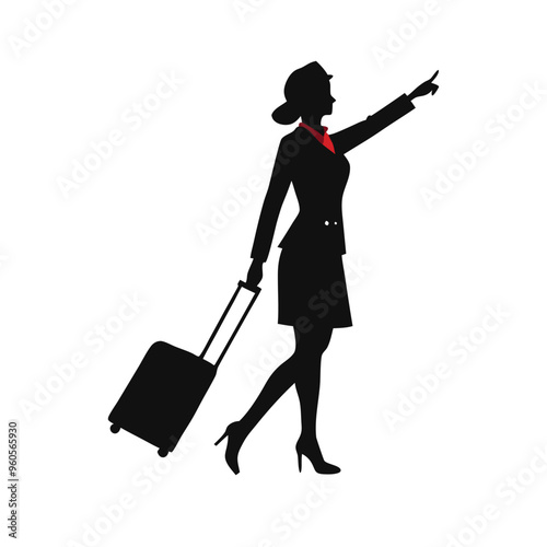 a Air hostess Illustration walking with the suitcase. vector illustration silhouette, isolated white background 