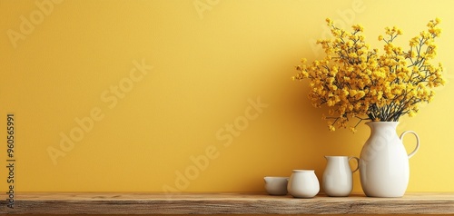 Yellow Wall White Pitchers Delicate Blooms Simple Still Life with Wood Shelf Perspective photo