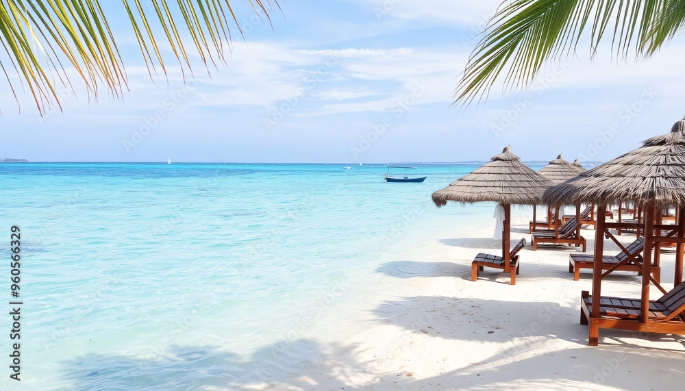 Fototapeta premium plage vacance sable blanc palmier transat parasol océan turquoise