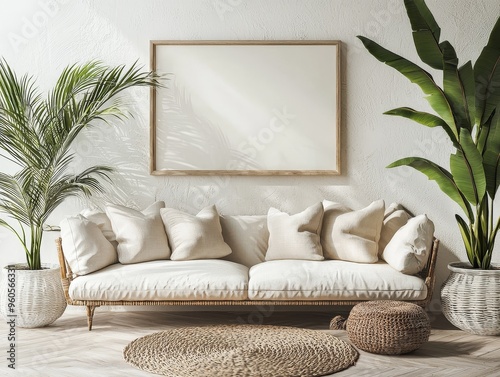 Coastal Living Room Wicker Couch Palm Leaf Shadows with Blank Canvas Mockup