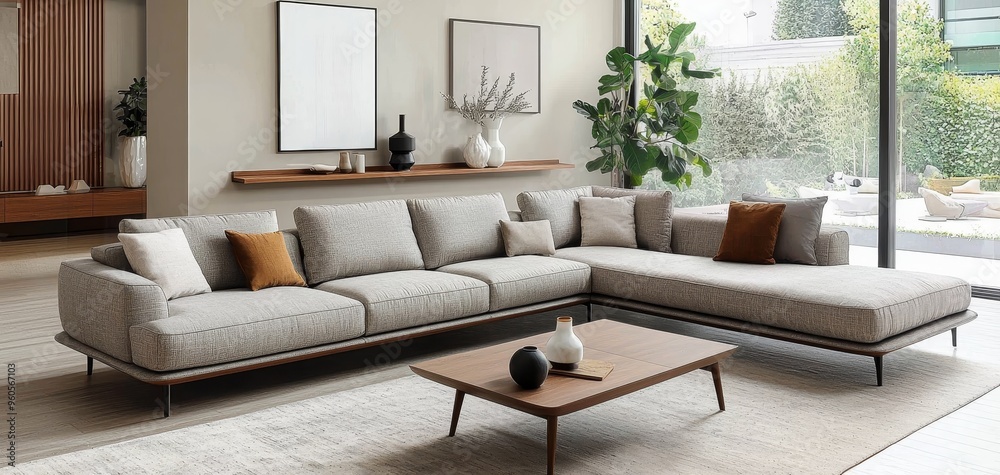 Fototapeta premium Modern Sectional Sofa with Wooden Accents Low Angle Perspective Grey Fabric Natural Light Streaming Through Window