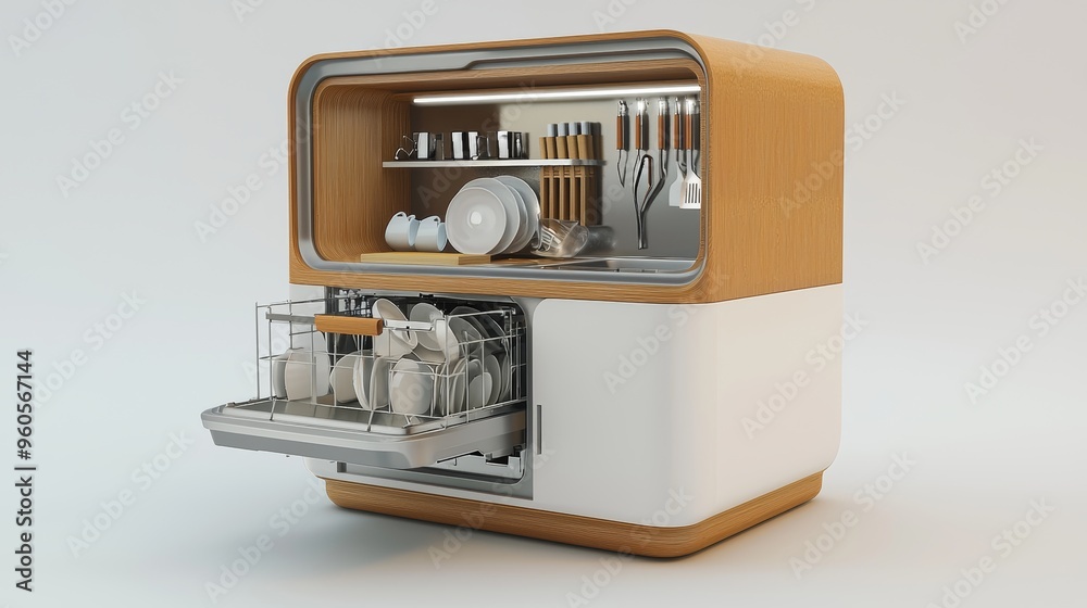 Fototapeta premium Efficient Tiny Kitchen Design with Customizable Storage and Integrated Dishwasher for Modern Homes