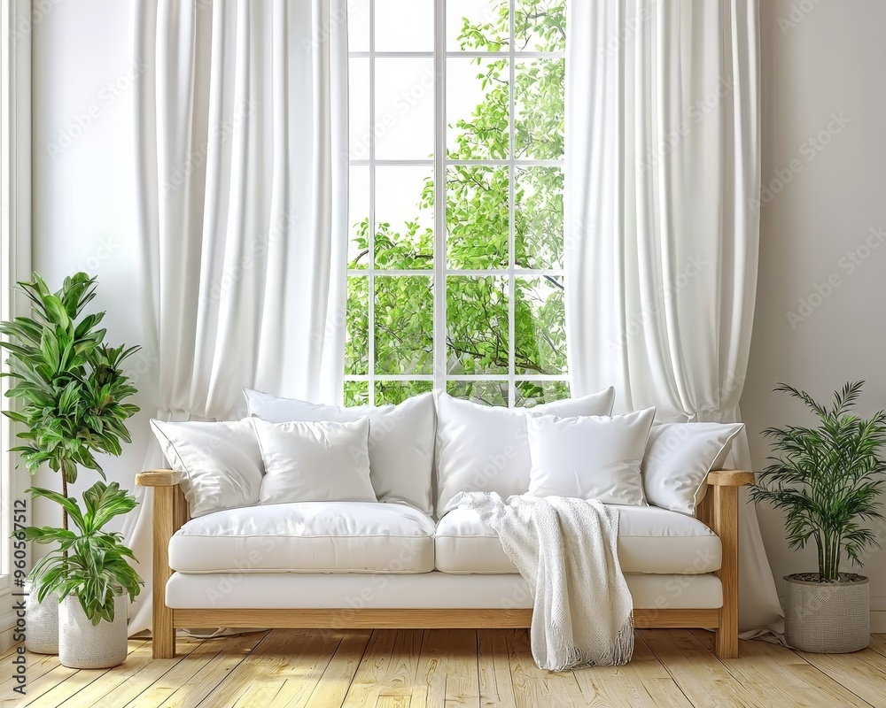 Cozy White Couch by Window Lush Greenery Sunlit Wooden Floor Minimalist Living Room Cozy White Couch by Window Lush Greenery Sunlit Wooden Floor Minimalist Living Room