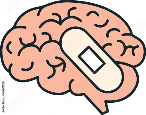 Human brain getting fixed with a band aid representing mental health awareness