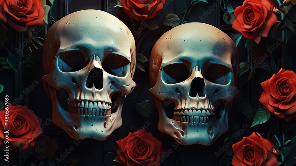 skull with red rose