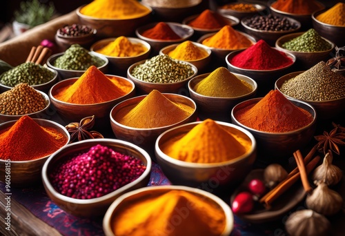 vibrant display colorful spices brightly patterned tablecloth creating feast eyes, seasoning, herb, culinary, food, aroma, texture, ingredients, collection