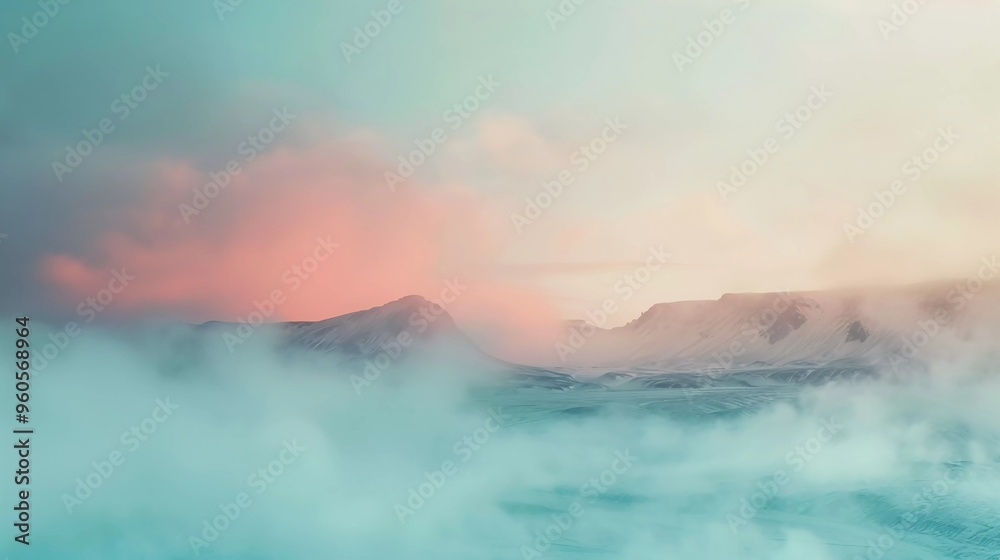 Naklejka premium foggy beach with rock mountain beside landscape illustration