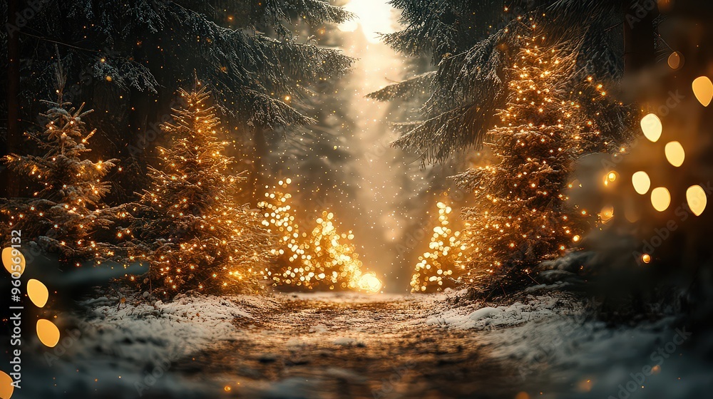 Golden Christmas lights twinkle on snowy trees in an enchanting forest, creating a serene, festive atmosphere of holiday celebration and warmth. Golden Christmas lights twinkle on snowy trees in an enchanting forest, creating a serene, festive atmosphere of holiday celebration and warmth.