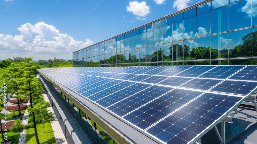 custom made wallpaper toronto digital- Solar panels on the roof of a sleek, modern office building with reflective glass windows, showing the integration of solar technology into contemporary commercial architecture