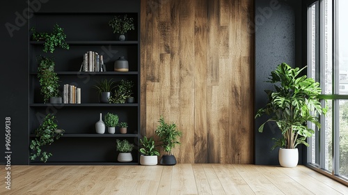 Minimalist Interior Black Shelf with Plants Wooden Wall Sunlight Through Window Empty Floor Space