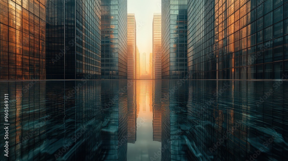 Obraz premium futuristic cityscape featuring tall, reflective glass buildings surrounding a calm, mirrored surface reflecting the sunset. The scene highlights modern architecture and urban serenity