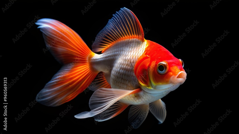 Fototapeta premium Red Cap Oranda Goldfish isolated on black background with a shallow depth of field, swimming,red cap, scales, close-up, fins, vibrant, underwater, fish tank, black background, oranda
