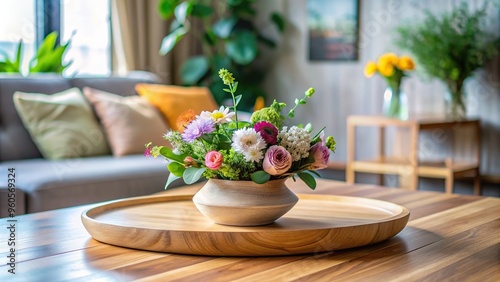 summer, nature-inspired, kitchen, floral, decorative, flower arrangement, organic,wooden plate, greenery, wooden plate with a flower arrangement in eco style sitting on a coffee table