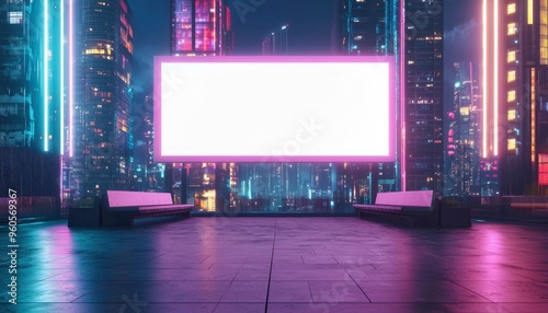 Neon-Lit Cityscape with Blank Billboard and Benches