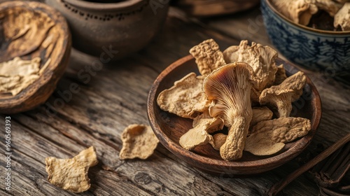 Dried Chanterelle Mushrooms on Wooden Table