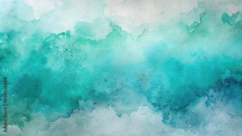 Abstract blue green watercolor painting in shades of turquoise and teal spreading gently across a textured white and gray background, watercolor, gently, shades, green, spreading, blue