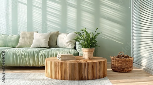 Sunlit Living Room with Green Sofa Wooden Coffee Table and Plant in Pot 142 characters