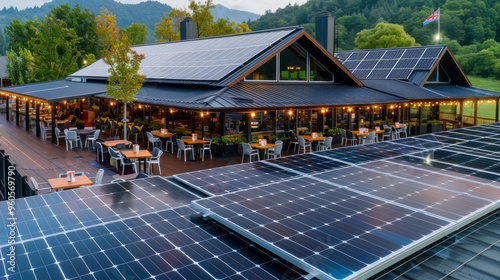- Solar panels on the roof of a restaurant, with outdoor seating and a focus on sustainability in the hospitality industry, showcasing eco-friendly business practices