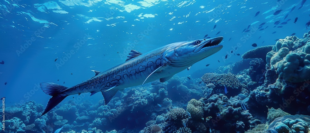 Fototapeta premium Barracuda Patrolling the Vibrant Reef in Search of Prey